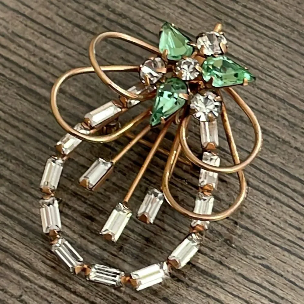 Vintage Ralph Scudieri D'ERI Signed 12K Gold Filled Crystal Brooch Clear & Green